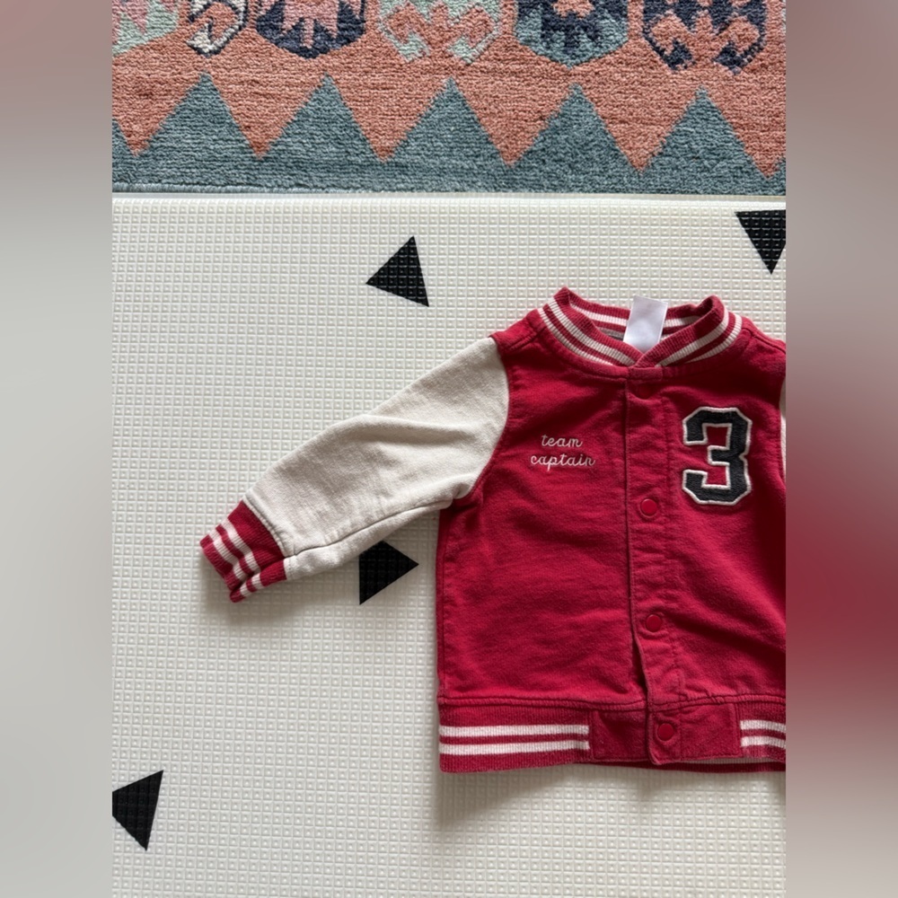Carters|Baby boy “Team Captain” Red and Cream Kids Varsity Jacket,button down•9M